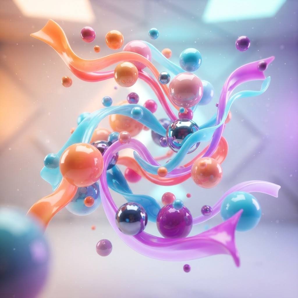 Glossy 3D spheres and ribbons in bright colors
